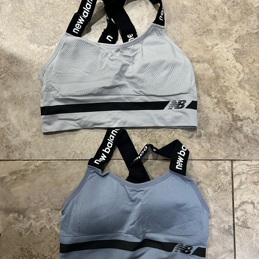 New Balance grey and blue criss-cross strap sports bras